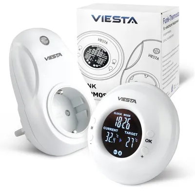 Obrázok produktu pre VIESTA® TH20 Bezdrôtový zásuvkový termostat (230V/3600W) – Digitálny, s diaľkovým ovládaním, týždenný program, časovač a ochrana proti mrazu