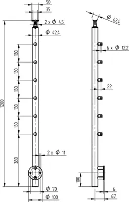 Produktbild von CROSO Fertigsteher für Wandmontage, 1200mm, m. 6 Traversenhalter, Edelstahl V2A
