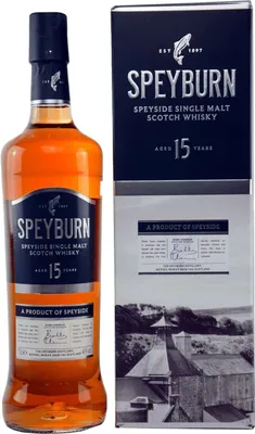 A bottle of Speyburn 15 Year Old Speyside Single Malt Scotch Whisky next to its packaging.