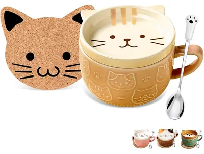 Productafbeelding van Keramische mok met deksel, gele kat, dierenprint, koffie- en theeset, cadeau voor vrouwen, meisjes en kinderen