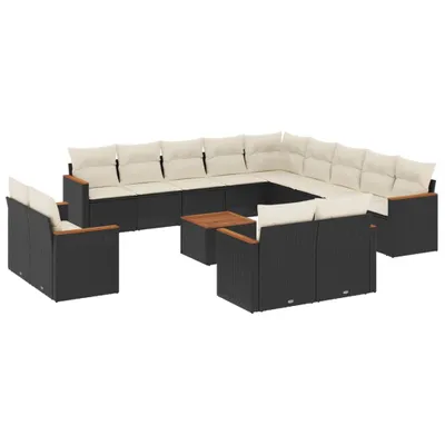 Image de Salon de jardin modulaire 14 pcs, résine tressée noire, coussins blanc crème déhoussables, rangement intégré, table acacia massif, résistant UV