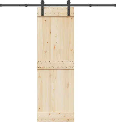 A wooden sliding door with black hardware is shown against a white background.