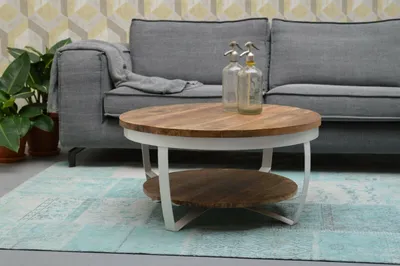 Produktbild von DESIGN Couchtisch Mango Holz massiv Metall Rob rund weiß Beistelltisch 65cm x 33cm