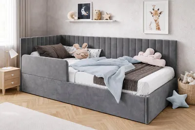 Produktbild von Bett Bubu 90x200 cm, Polsterbett mit Metallrahmen und Geländer, Jugendbett mit Bettkasten, Jasmine-Stoff, Graphit