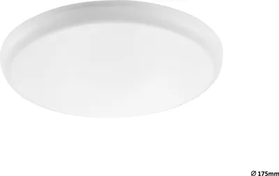 A white, circular ceiling light is shown against a white background.