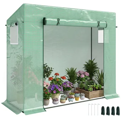 Productafbeelding van Foliekas, broeikas met oprolbare deur, zijraam, voor in de tuin, gemaakt van staal en kunststof, 200 x 76 x 168 cm, groen