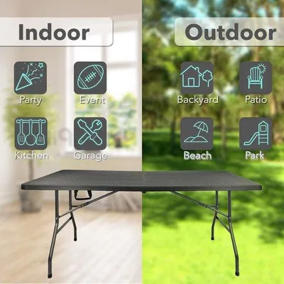 Productafbeelding van Opklapbare tafel voor buiten - Praktische picknicktafel met handvat - Uitstraling van riet - 180x75x74 cm - Zwart