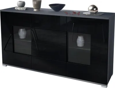 Produktbild von Vladon Sideboard Grömitz V1, Kommode mit 2 großen Türen und 4 Schubladen, Anthrazit matt/Schwarz Hochglanz (138,5 x 75,5 x 35)