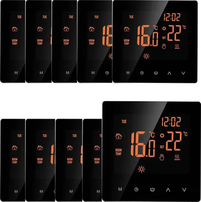 A collage of digital thermostats showing temperature and time.