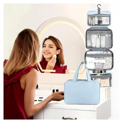 Produktbild von Reise Kulturbeutel zum Aufhängen für Damen Wasserdichter Kosmetiktasche Kosmetiktasche mit Klarfenster, Leichte Waschtasche für Essentials, Make-up, Shampoo (Rosa)