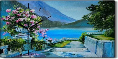 Produktbild von Leinwand Wanduhr Wandkunst Uhr Geräuschlos 60x30 Gemälde See Berge Blumen Kunst - schwarze Hände