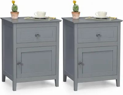 Produktbild von KOMFOTTEU Nachttisch aus Holz, Beistelltisch mit 1 Schublade & 1 Schrank, Sofatisch Nachtkommode für für Schlafzimmer, Wohnzimmer (Grau, 2 Stück)