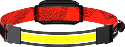 A headlamp with a red and black patterned strap and a yellow light strip.