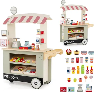 Image de Chariot à provisions en bois pour enfants avec 30 accessoires, à partir de 3 ans