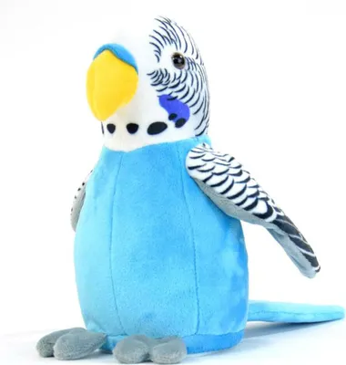 Produktbild von Winfried Kögler GmbH Plüsch Wellensittich Labertier Caruso blau mit Aufnahmefunktion Wackelkopf 100% Polyester ca. 17x21x11 cm für Kinder 3x AAA