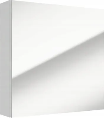 A white bathroom wall cabinet with a mirror, illuminated by a diagonal light.