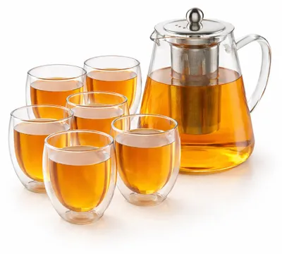 Produktbild von Arendo Teekanne Glas 1,2 l, Edelstahlsieb und 6 Thermogläsern 350 ml, doppelwandige Gläser ohne Henkel, aus Borosilikatglas, Glaskanne, 8 Teile, transparent-silber