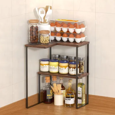 Image de Elzusha - Organisateur d'angle en bois pour cuisine, avec 2 niveaux