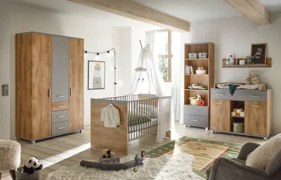 Produktbild von Babyzimmer Larissa 5 teilig Komplett Set in Bolton Oak und Arktisgrau - Kinderzimmer Möbel Teenager Zimmer Jungs und Mädchen