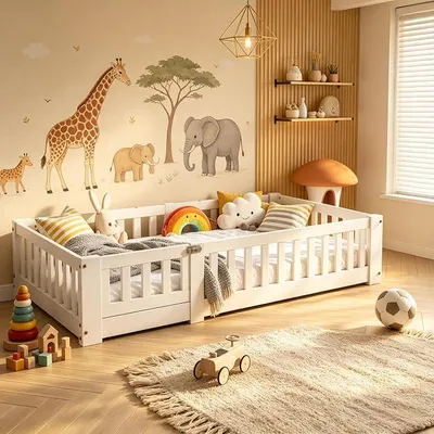 Imagen del producto de Cama con base de 90x200 cm, cama Montessori para niños con barandilla y puerta, cuna para bebés con protección anticaídas y somier, cama de madera individual para niños, cama juvenil de madera maciza con barandilla, color blanco