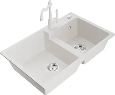 Produktbild von Mexen Tomas 2-Becken-Granitspüle mit Mischbatterie Carla, Weiß - 6516-20-670700-20