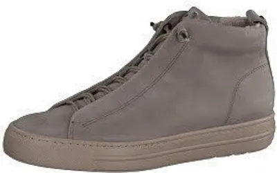 A single beige high-top sneaker is shown against a white background.