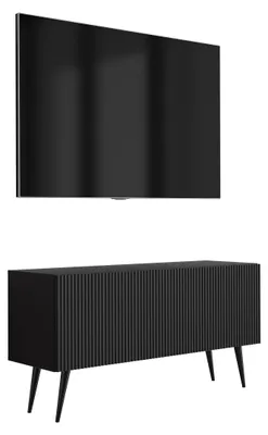 Zdjęcie produktu dla Szafka pod telewizor z żłobkowanym frontem, w kolorze matowej czerni, z czarnymi, skośnymi nóżkami, 100 × 32 × 52 cm