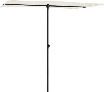 A half-opened rectangular umbrella with a black pole against a white background.