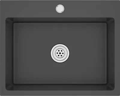 A top-down view of a black sink with a silver drain.