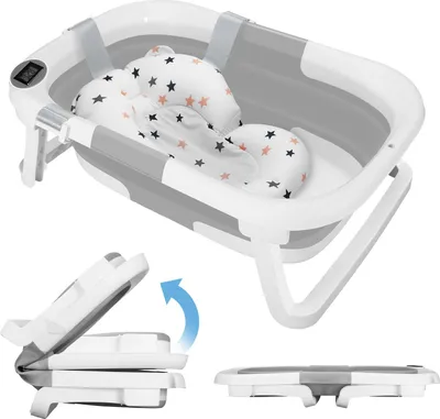 Produktbild von Groß Faltbare Babywanne mit Badematte, Baby Badewanne mit Integriertem Thermometer, Baby Wanne mit Duschkopfanschluss, Ergonomisch, Tragbare Badewanne Baby für Babys von 0-36 Monaten (Grau)