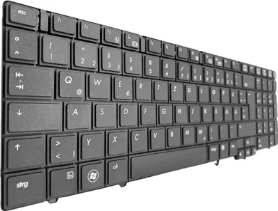 A close-up, angled view of a black German keyboard.