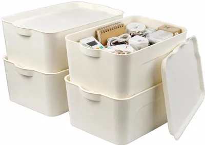 Produktbild von 4er-Set Aufbewahrungsboxen mit Deckel, 15 Liter, aus Kunststoff (PP), stapelbare Organizer-Boxen für Küche, Bad, Schlafzimmer und Büro – weiß