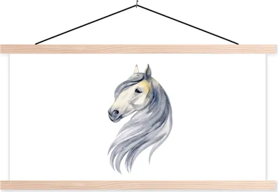 Produktbild von MuchoWow® Textilposter Pferd - Aquarell - Weiß - Mädchen - Kinder - Mädchen 60x30 cm mit holzfarbenen Rahmen - Dekoration