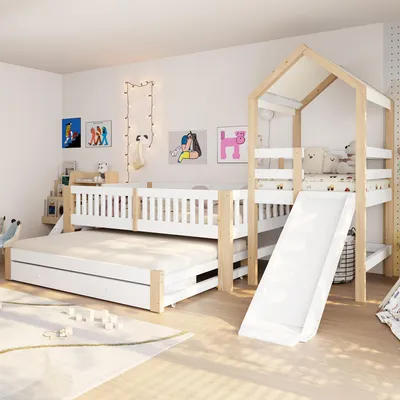 Produktbild von MODFU Hausbett Kinderbett 90x200 mit Rutsche, Ausziehbett 90x190 cm und Stoffdach, Massivholz Spielbett mit Schubladen,ohne Matratze,Weiß+Rohholzfarben