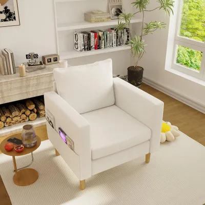 Produktbild von Loungesessel, Chenille Relaxsessel,Einzelsessel,Freizeitstuhl mit Aufbewahrungstasche und bequemem Kissen, für Wohnzimmer, Leseecken, Apartment,Beige