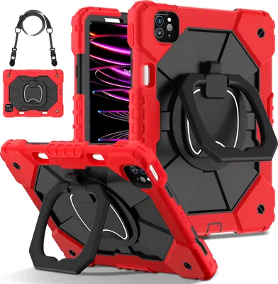 Produktbild von Hülle für iPad Air 5 /Air 4 /iPad Pro 11 2022/2021/2020/2018, iPad 10,9-Zoll Air 5th/4th Gen Robuste Tragbare Schutzhülle mit Ständer, Handgurt und Schultergurt Rot Schwarz