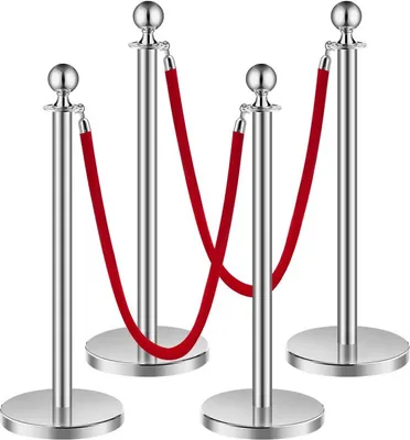 Produktbild von 4 Absperrpfosten Absperrständer mit 2 Roten Samtseilen - Befüllbar, Silber - Ideal für Event & Veranstaltungs Sicherheit