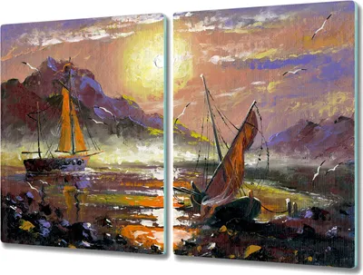 Produktbild von Coloray Herdabdeckplatte 2x40x52 cm Schneidebrett Kochplattenabdeckung Küchenbrett Hackbrett - Malerei Boote