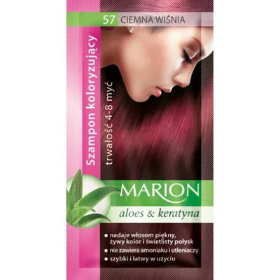 A product shot of a hair dye sachet with a model's hair and face visible.