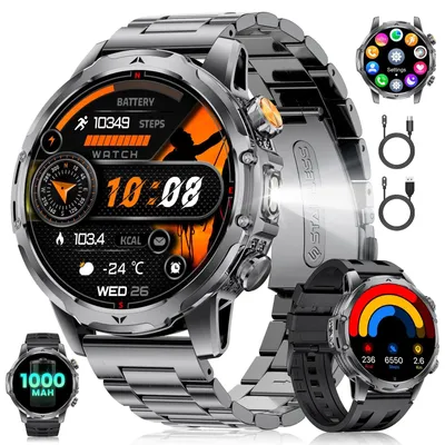 Obrázok produktu pre Inteligentné hodinky pre pánov s batériou 1000 mAh, kompatibilné s Android a iOS, s veľkým HD dotykovým displejom, vojenský štýl, monitorovanie srdcovej frekvencie 24 hodín, 110 športových režimov, vodotesnosť IP68, čierna farba