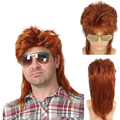 Produktbild von Perücke Männer(dunkelrot)Vokuhila 80er Mullet Perücke Herren Lang Synthetische Haare Cosplay Halloween Kostüm Party