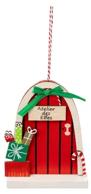 Produktbild von Baumschmuck aus Holz Tür Elfe rot 12cm