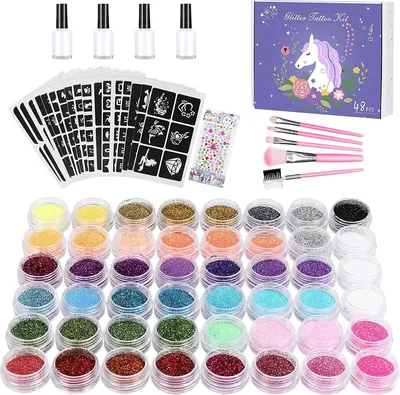 Produktbild von Winpok Glitter Tattoo Set, 48 farieb, vodoodolné tafforárne tetovanie, detské trblietavé tetovanie s 203 šablónami, 5 štetcami, 4 lepidlami, netoxické tetovanie