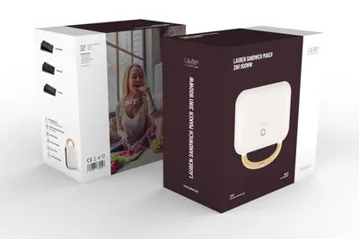 Two product boxes for a sandwich maker, one open showing the product inside and the other partially open, displaying a woman preparing food.