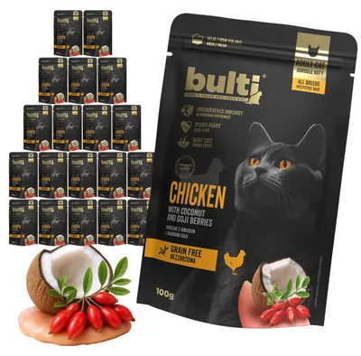 Produktbild von Bulti | Nassfutter für Katzen - Hähnchen mit Kokos und Beeren - 20x100g - Getreidefrei - Superfood
