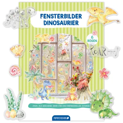 Produktbild von Papierdrachen Fensterbilder Dinosaurier - 6 Bögen Sticker & Aufkleber - Statisch haftend & wiederverwendbar - Deko Kinderzimmer für Jungen & Mädchen