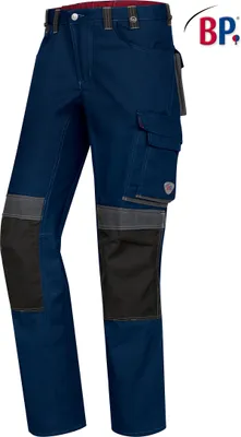 A pair of blue work pants with black and gray accents.