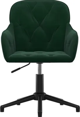 A front view of a dark green velvet office chair with a black base.