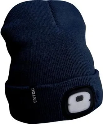 A dark blue knitted beanie with a built-in LED light on the front.