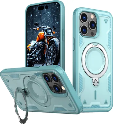 Produktbild von Dual Layer Hülle für iPhone 15 Pro Max Metall Ring Ständer Magnetisch Stoßfest Militär Handyhülle Türkis